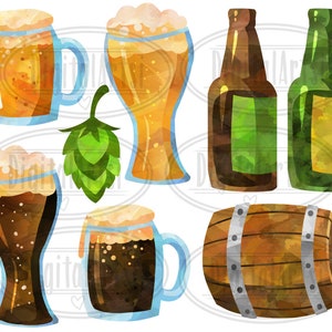 Puede incluir: Ilustraci&oacute;n de acuarela de un conjunto de art&iacute;culos relacionados con la cerveza y la elaboraci&oacute;n de cerveza, que incluyen una jarra de cerveza, un vaso de cerveza, una botella de cerveza, un barril y un l&uacute;pulo. Los art&iacute;culos est&aacute;n pintados en un estilo realista con un efecto de acuarela.
