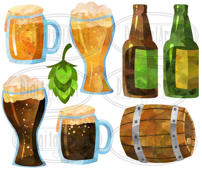 Puede incluir: Ilustraci&oacute;n de acuarela de un conjunto de art&iacute;culos relacionados con la cerveza y la elaboraci&oacute;n de cerveza, que incluyen una jarra de cerveza, un vaso de cerveza, una botella de cerveza, un barril y un l&uacute;pulo. Los art&iacute;culos est&aacute;n pintados en un estilo realista con un efecto de acuarela.