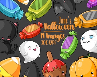 Kawaii Halloween Clipart - Spooky Download - Kawaii Design Download - Ghosts - Bat - Candy Corn - Witch Hat and more!