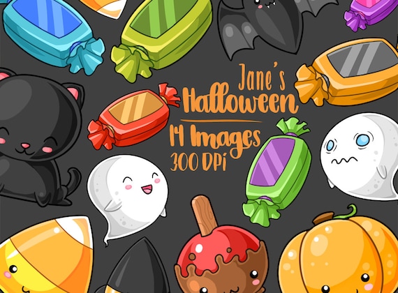 Kawaii Halloween Clipart - Spooky Download - Kawaii Design Download - Ghosts - Bat - Candy Corn - Witch Hat and more!