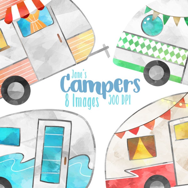 Watercolor Campers Clipart - Vintage Campers Download - Instant Download - Cute Campers - Camping - Trailers - American Culture