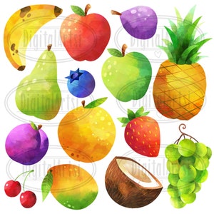 Watercolor Fruits Clipart Produce Download Instant Download Orange Apple Strawberry Blueberry Plum Fig Banana 画像 2