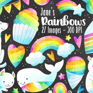 Clipart de fiesta de arcoíris en acuarela - ClipArt de arcoíris - Descarga digital - Cupcake - Gato - Ballena - Pancartas - Globo - Patineta - Cono de nieve