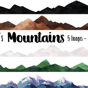 Può includere: Cinque illustrazioni di catene montuose ad acquerello, in nero, marrone, bianco, verde e blu. Il testo "Janie's Mountains 5 Images - 300 DPI" si trova sotto le immagini.