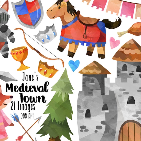 Watercolor Medieval Town Clipart - Watercolor Medieval Download - Instant Download - Fantasy - Knights - Castle - Princesses