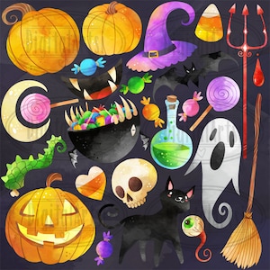 Watercolor Halloween Clipart Halloween Items Download Instant Download Black Cat Jack-o-Lantern Witch Commercial Use image 2