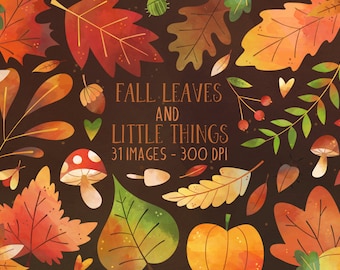 Fall Leaves Clipart - Autumn Download - Instant Download - Autumn - Woods - Oak - Maple - Orange Leaves - Acorn - Pumpkin - Gourd - Mushroom