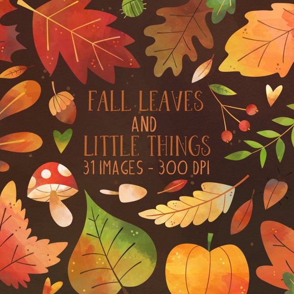 Fall Leaves Clipart - Autumn Download - Instant Download - Autumn - Woods - Oak - Maple - Orange Leaves - Acorn - Pumpkin - Gourd - Mushroom