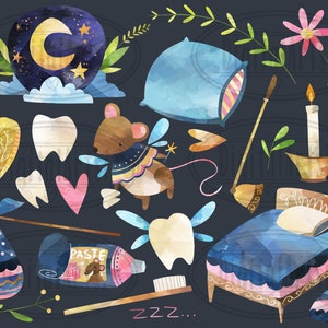 May include: A set of watercolor illustrations featuring a sleeping mouse, a bed, a toothbrush, toothpaste, a nightlight, a moon, stars, and teeth. The illustrations are in a whimsical style and are perfect for children's books, cards, or other creative projects.