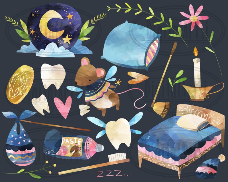 May include: A set of watercolor illustrations featuring a sleeping mouse, a bed, a toothbrush, toothpaste, a nightlight, a moon, stars, and teeth. The illustrations are in a whimsical style and are perfect for children's books, cards, or other creative projects.