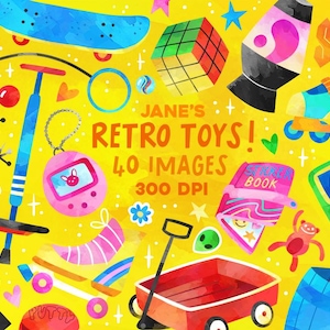 May include: A collection of retro toys, including a skateboard, a Rubik's cube, a lava lamp, roller skates, a pogo stick, a Tamagotchi, a toy wagon, a game book, a handheld game, a monkey toy, and a putty toy. The toys are illustrated in a watercolor style on a yellow background with stars and other decorative elements. The text "JANE'S RETRO TOYS! 40 IMAGES! 300 DPI" is also included in the image.