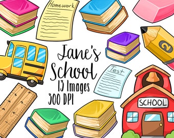 Kawaii School Supplies Clipart - Education Download - Kawaii Design Download - Books, Pencil, Eraser, School Bus, Homework and more!