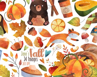 Watercolor Fall Clipart - Autumn Clipart - Instant Download - Fall - Autumn - Cornucopia - Pie - Orange Leaves - Pumpkin Spice - Fox