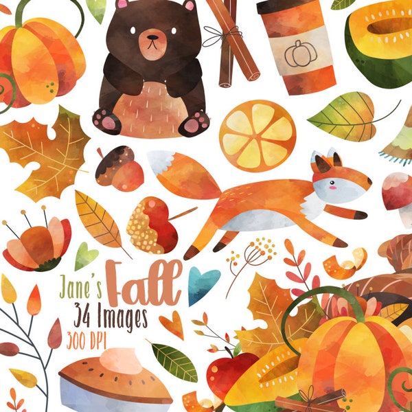 Watercolor Fall Clipart - Autumn Clipart - Instant Download - Fall - Autumn - Cornucopia - Pie - Orange Leaves - Pumpkin Spice - Fox