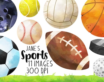 Watercolor Sports Clipart - Watercolor Sports Balls Download - Instant Download - Cute Baseballs - Footballs - Soccer Ball - Golf