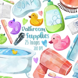Clipart de baño en acuarela - Descarga de higiene - Descarga instantánea - Cepillo de dientes - Cuidado del cabello - Rutina matutina - Papel higiénico - Patitos
