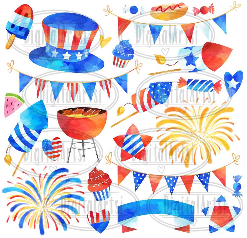 Watercolor 4th of July Clipart: Patriotic BBQ, Bunting (digital ...