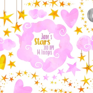Watercolor Pink Stars and Clouds Clipart - Star Borders Download - Instant Download - Watercolor Clouds and Hanging Stars