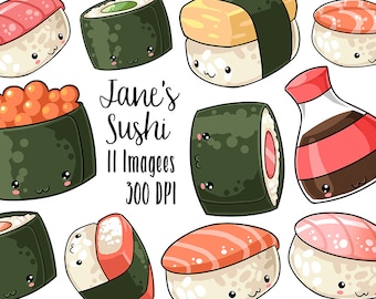 Könnte beinhalten: Ein Set mit 11 Cartoon-Sushi-Illustrationen, darunter verschiedene Sushi-Sorten, eine Flasche Sojasauce und der Text "Jane's Sushi 11 Images 300 DPI".
