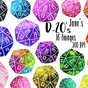 Aquarel D-20 clipart - aquarel dobbelstenen downloaden - direct downloaden - veelkleurige nerd - geek - Items