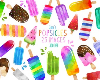 Watercolor Popsicles Clipart - Dessert Download - Instant Download - Summer Treats - Ice Cream