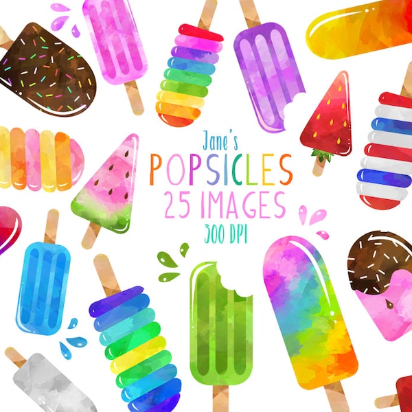 Watercolor Popsicles Clipart - Dessert Download - Instant Download - Summer Treats - Ice Cream