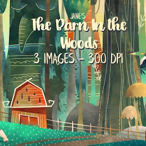 Reuzenbos illustratie digitale download - The Barn In the Woods - directe download - Clipart boslandschap - wandelpad - bos