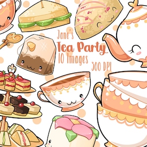 Clipart de fiesta de té kawaii - ClipArt de juego de té - Descarga instantánea - Pasteles - Tazas de té - Teteras - Cucharillas - Uso comercial