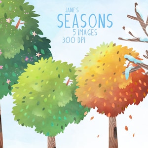 Watercolor Seasons Tree Clipart: Spring, Summer, Fall, Winter (Digital Download)