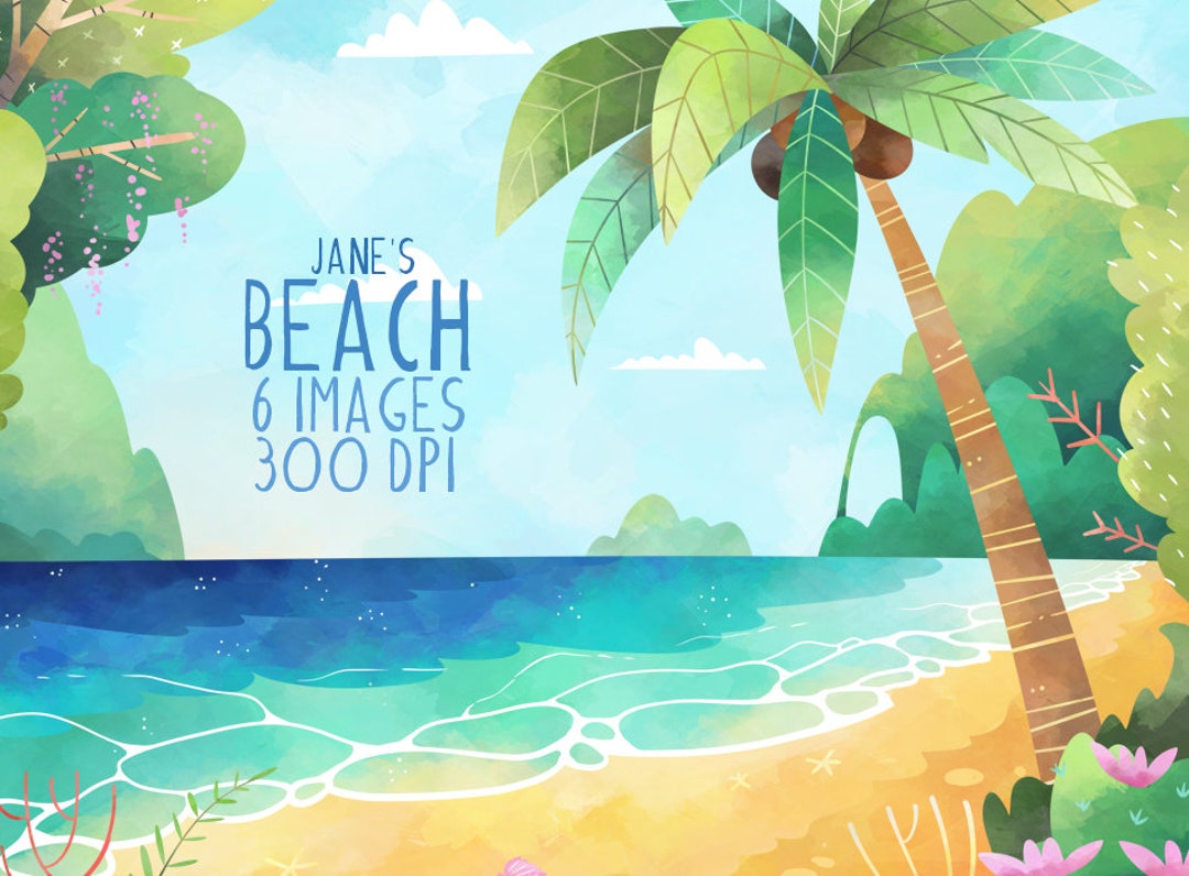 Watercolor Beach Clipart: Tropical Palm Tree Landscape (instant ...