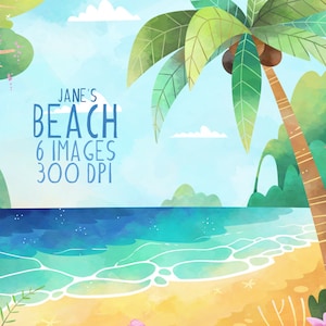Akwarela Plaża Clipart - Natychmiastowe Pobieranie - Lato - Tropikalna Plaża - Wakacje - Krajobraz - Palma - Karaiby - Rysowane Ręcznie