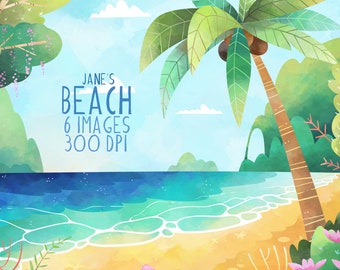 Watercolor Beach Clipart: Tropical Palm Tree Landscape (Instant Download)