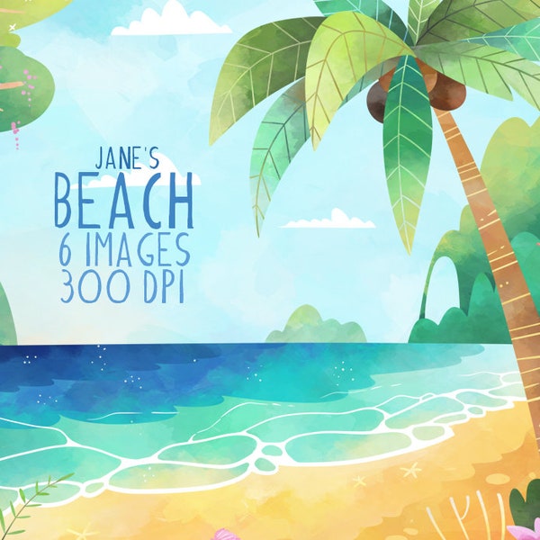 Watercolor Beach Clipart - Summer Clipart - Instant Download - Tropical Beach Clipart - Vacation Clipart - Landscape - Palm Tree