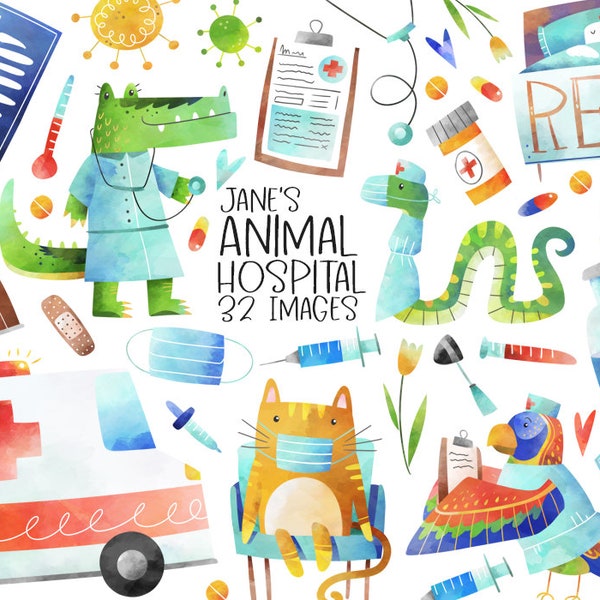Watercolor Medical Clipart - Instant Download - Animal Hospital - Doctors - Medical - Ambulance - Healthcare - Doctor Visit - Nurse