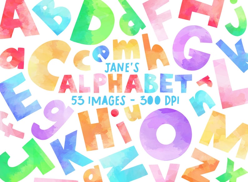 May include: A colorful alphabet with watercolor letters in various shades of pink, blue, green, yellow, and orange. The letters are arranged in a random pattern on a white background. The text "Jane's Alphabet 53 Images - 300 DPI" is in the center of the image.