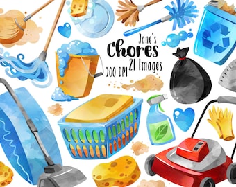 Watercolor Chores Clipart - Chores Download - Instant Download - Household Chores - Cleaning - Laundry - Trash - Dishes - Sweeping