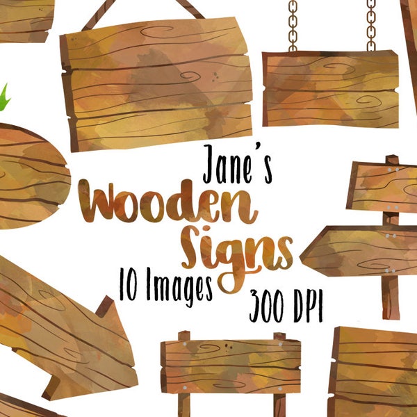 Watercolor Wooden Signs Clipart - Wooden Borders Download - Instant Download - Wooden Sign Posts, Arrows, and Hanging Signs