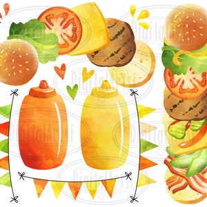 May include: Watercolour clipart set of a hamburger, ketchup, mustard, and party flags. The hamburger is made up of a sesame seed bun, a beef patty, tomato, lettuce, cheese, and bacon. The ketchup and mustard are in squeeze bottles. The party flags are red, yellow, and green.
