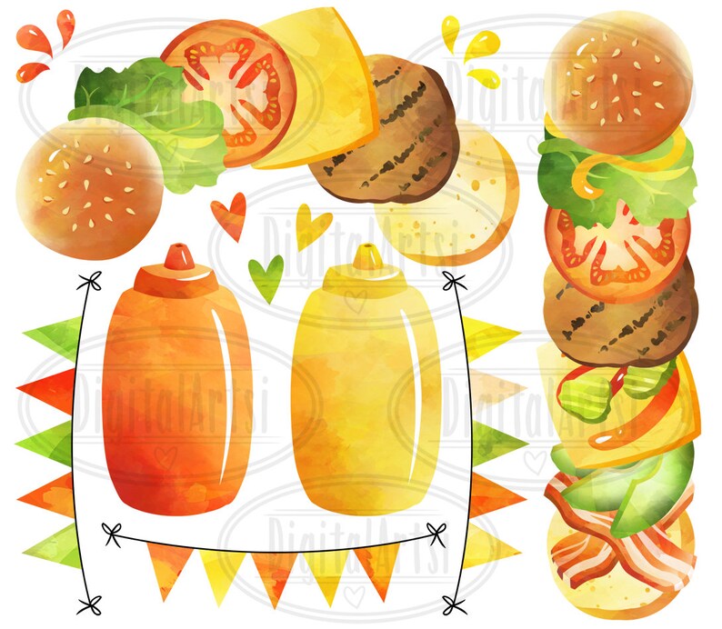May include: Watercolour clipart set of a hamburger, ketchup, mustard, and party flags. The hamburger is made up of a sesame seed bun, a beef patty, tomato, lettuce, cheese, and bacon. The ketchup and mustard are in squeeze bottles. The party flags are red, yellow, and green.