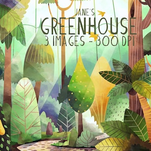 Clipart de estufa em aquarela - Download de ambiente - Download instantâneo - Arboreto - Arte ambiental - Ilustração - Desenhado à mão