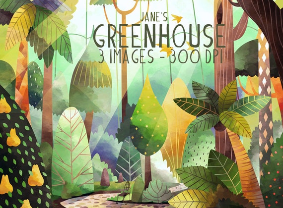 Watercolor Greenhouse Clipart: Fantasy Arboretum Illustration (Digital Download, Hand Drawn)