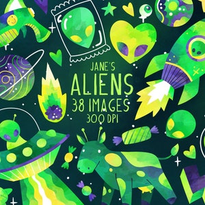 水彩グリーンエイリアンクリップアート - 未確認生物ダウンロード - 即時ダウンロード - UFO - 光線銃 - SF - エイリアンの顔 - 商用利用 - 手描き