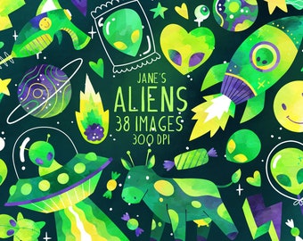 Green Aliens Clipart - Cryptids Download - Instant Download - UFO - Ray Gun - Sci Fi - Alien Face - Commercial Use