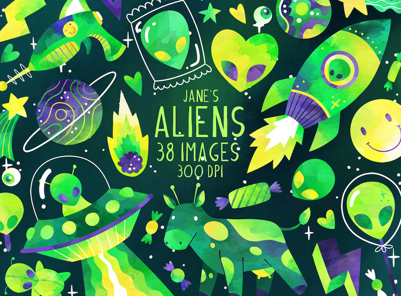 Puede incluir: Una colecci&oacute;n de 38 ilustraciones de acuarela de extraterrestres, naves espaciales, planetas y otros objetos con tem&aacute;tica espacial. Las ilustraciones est&aacute;n en tonos de verde, amarillo y morado. El texto "Jane's Aliens 38 Images 300 DPI" est&aacute; en el centro de la imagen.