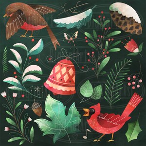 May include: A digital illustration of a Christmas scene with a red cardinal, a robin, a bell, a pine cone, and various green and white foliage. The background is a dark green.