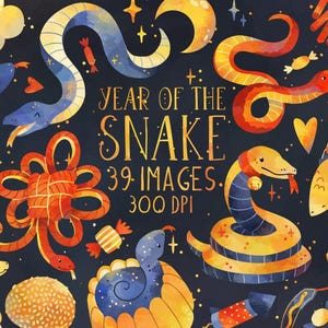 Ano da Serpente Clipart - Download do Ano Novo Lunar - Download instantâneo - Cobras - Lanterna - Fogos de artifício - Nuvens - Coelhinhos - Zodíaco Chinês