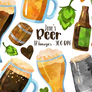 Puede incluir: Un conjunto de ilustraciones de acuarela de cerveza, l&uacute;pulo y barriles. Las ilustraciones son de estilo de dibujos animados y son perfectas para usar en la marca de cerveza artesanal u otros proyectos.