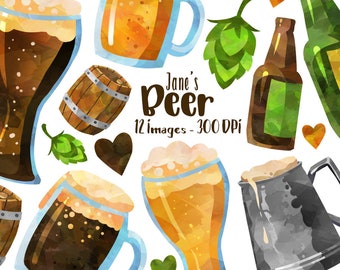 Aquarell Bier Clipart: Becher, Hopfen, Fass (Digitaler Download)