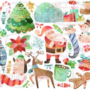 Watercolor Christmas Clipart Christmas Items Download Instant Download Santa Snowman Stocking Presents Pointsettia image 2