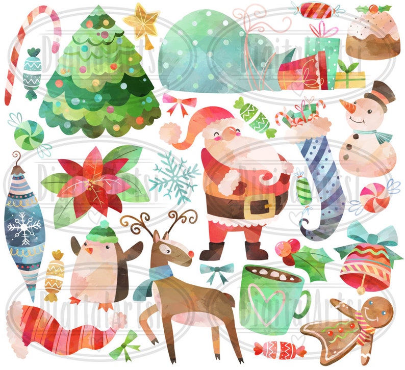 Watercolor Christmas Clipart Christmas Items Download Instant Download Santa Snowman Stocking Presents Pointsettia image 2